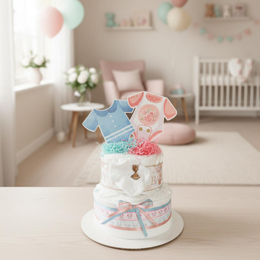 Gender reveal blekage i neutrale farver med pynt og søde detaljer