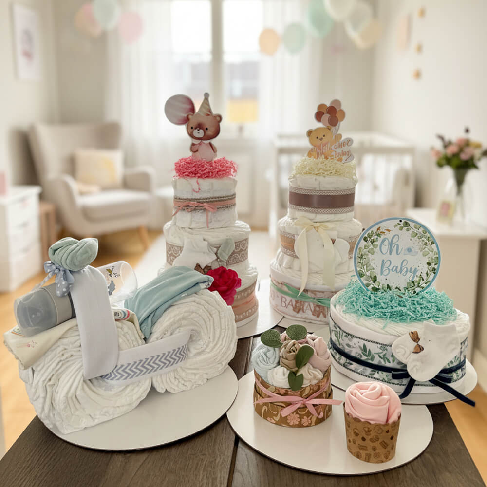 Smukt opstillet samling af TrylleTroldes håndlavede babygaver