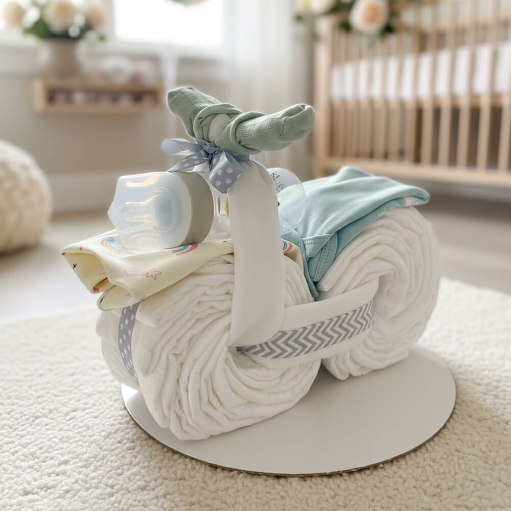 Blemotorcykel i blå farver som sjov og praktisk gave til drengebaby