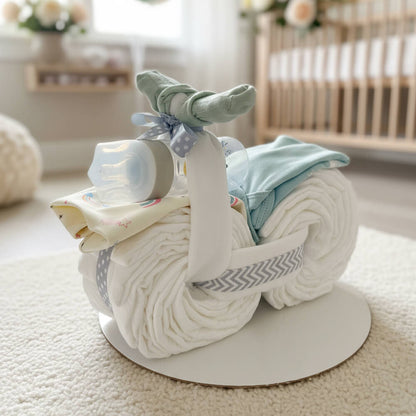 Blemotorcykel i blå farver som sjov og praktisk gave til drengebaby