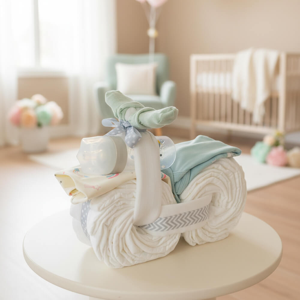 Blemotorcykel i blå nuancer med babyprodukter som sjov gave til dreng