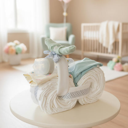 Blemotorcykel i blå nuancer med babyprodukter som sjov gave til dreng