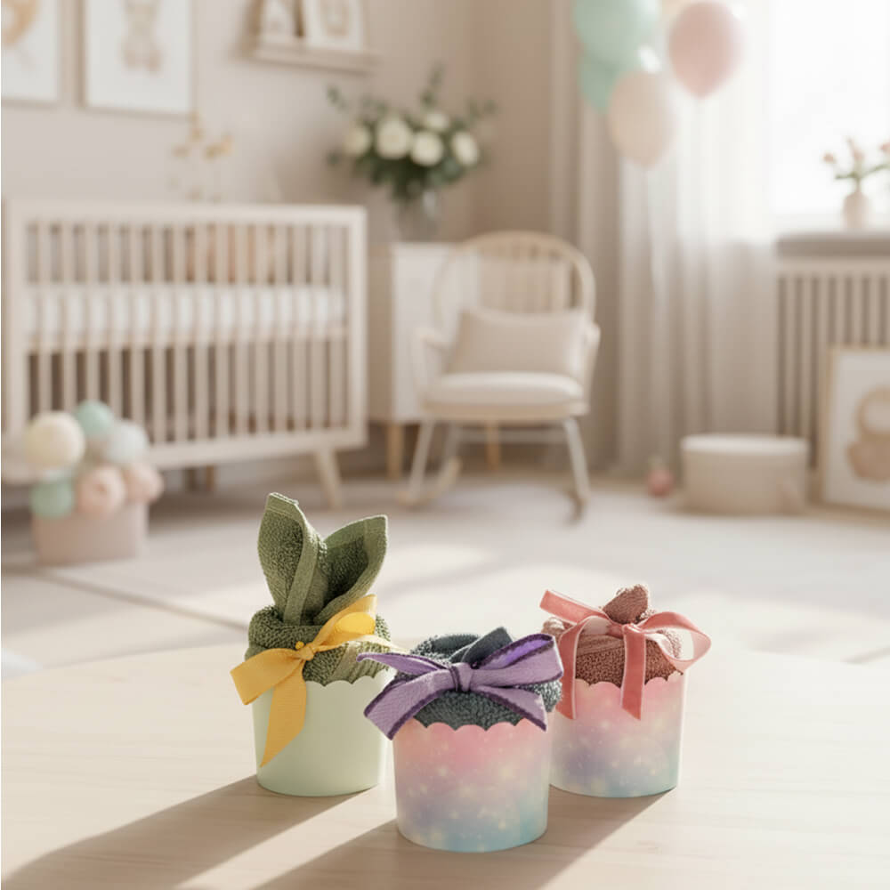 Cupcakes lavet af håndklæder i flere farver som nuttede gaver til babyshower