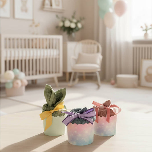 Cupcakes lavet af håndklæder i flere farver som nuttede gaver til babyshower