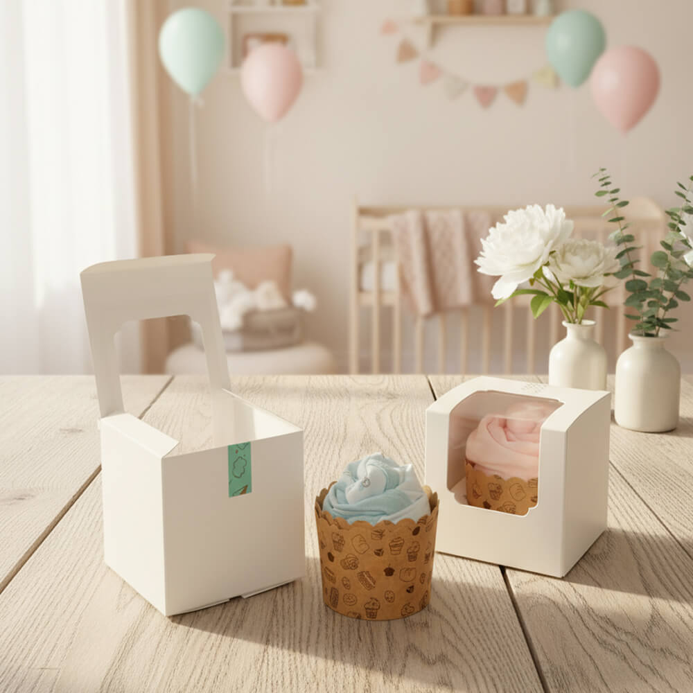Cupcakes af babybody i blå og lyserød farve som nuttede gaver til babyshower