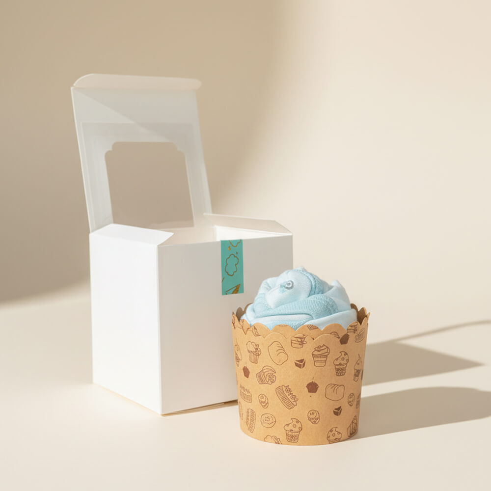 Cupcake af babytøj i blå farver som kreativ gave til drengebaby