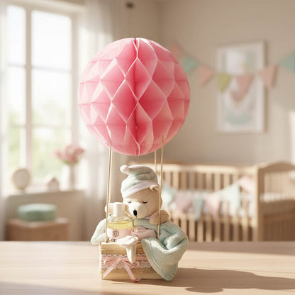 Luftballon gavekurv med bamse og pynt i lyserøde nuancer