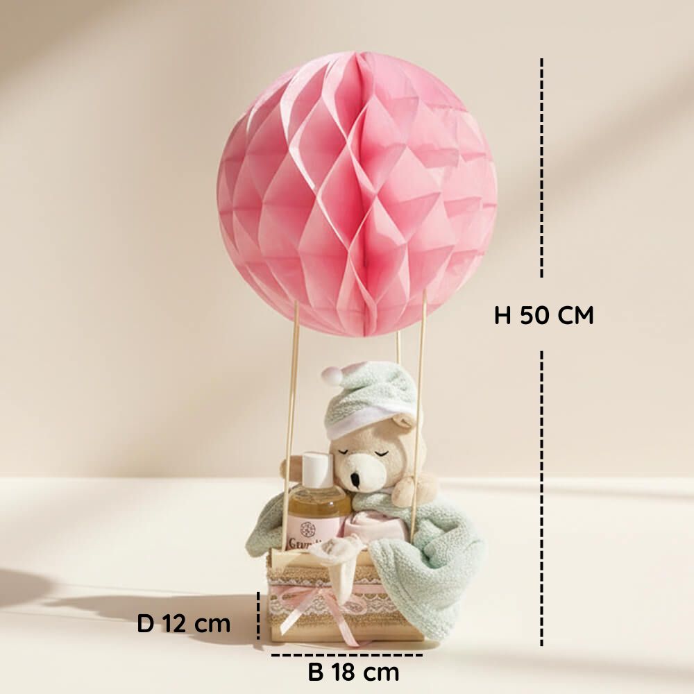 luftballon gavekurv med bamse og visning af størrelse 