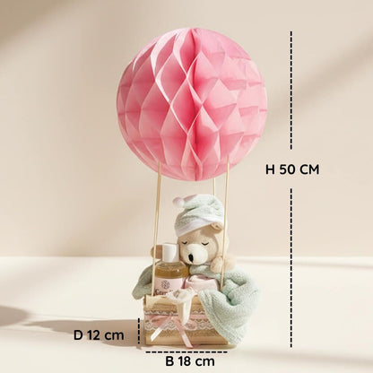 luftballon gavekurv med bamse og visning af størrelse 