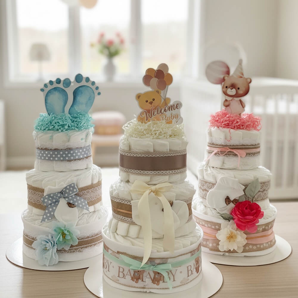 Store blekager i lyserød, blå og neutral som babyshower gave fra TrylleTrolde