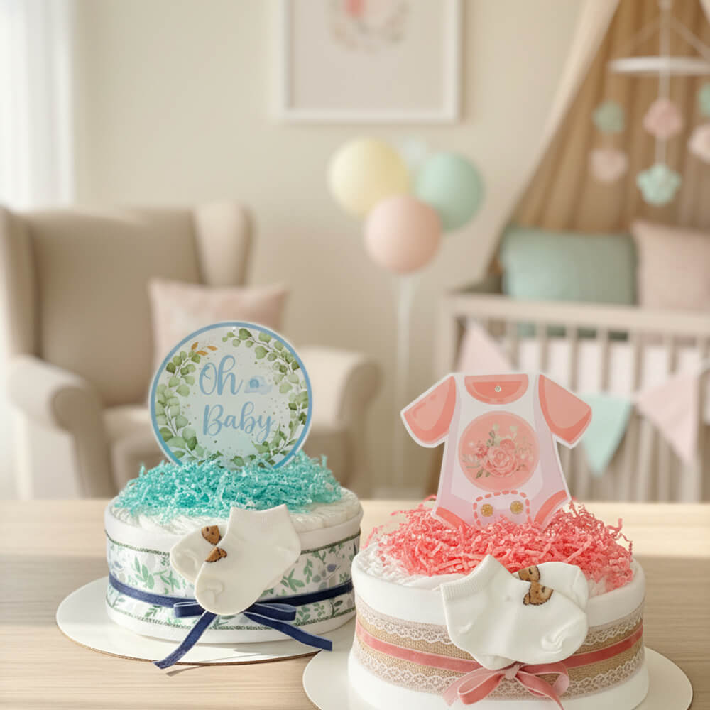 Små blekager i blå og lyserød farve som søde gaver til babyshower