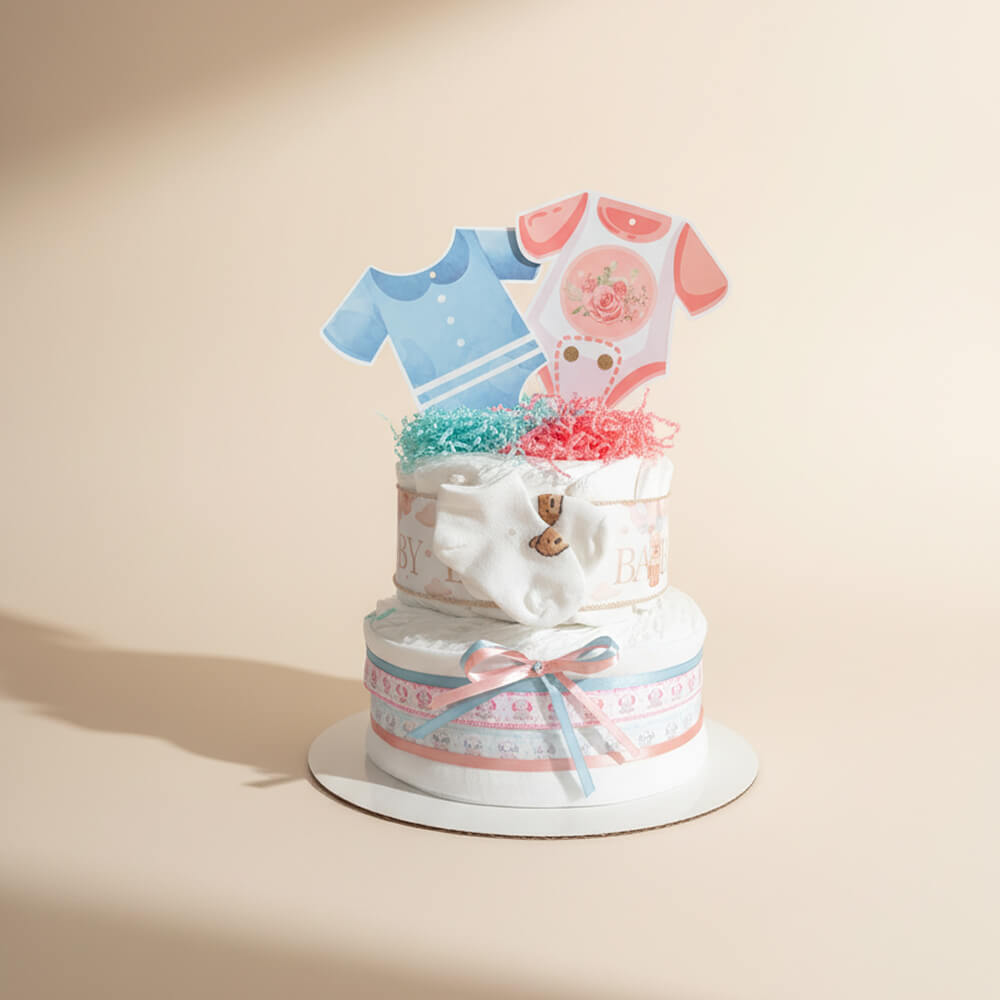 Gender reveal blekage i blå og lyserød farve som kreativ gave til afsløringsfest