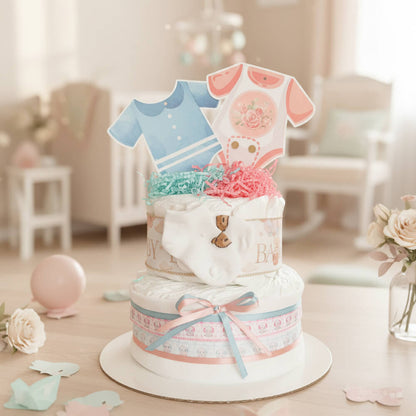 Gender reveal blekage i hvide og pastel farver som overraskende gave