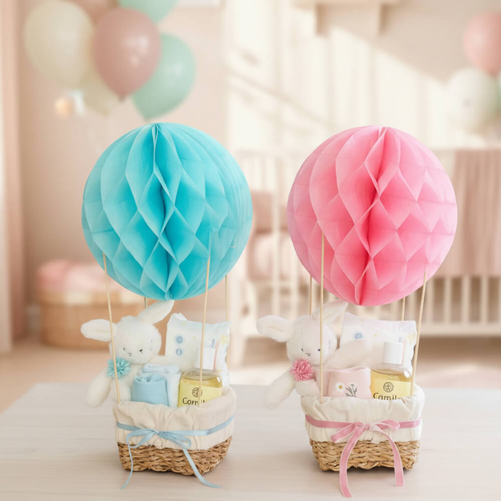 Luftballon-gavekurve i blå og lyserød - kreative babyshowergaver